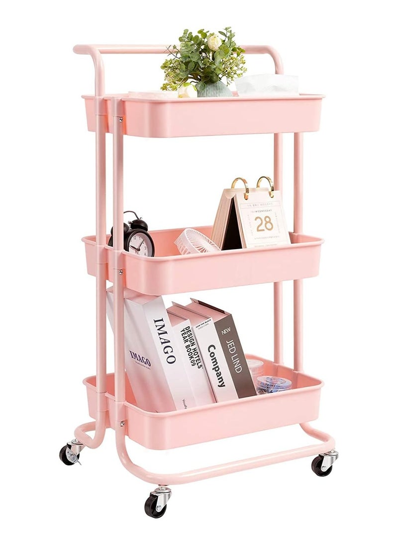 3-Tier Multipurpose Rolling Shelves Metal Cart Organizer Pink 85x45x35cm