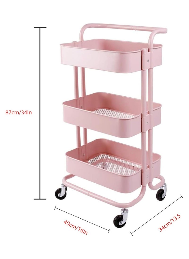 3-Tier Multipurpose Rolling Shelves Metal Cart Organizer Pink 85x45x35cm