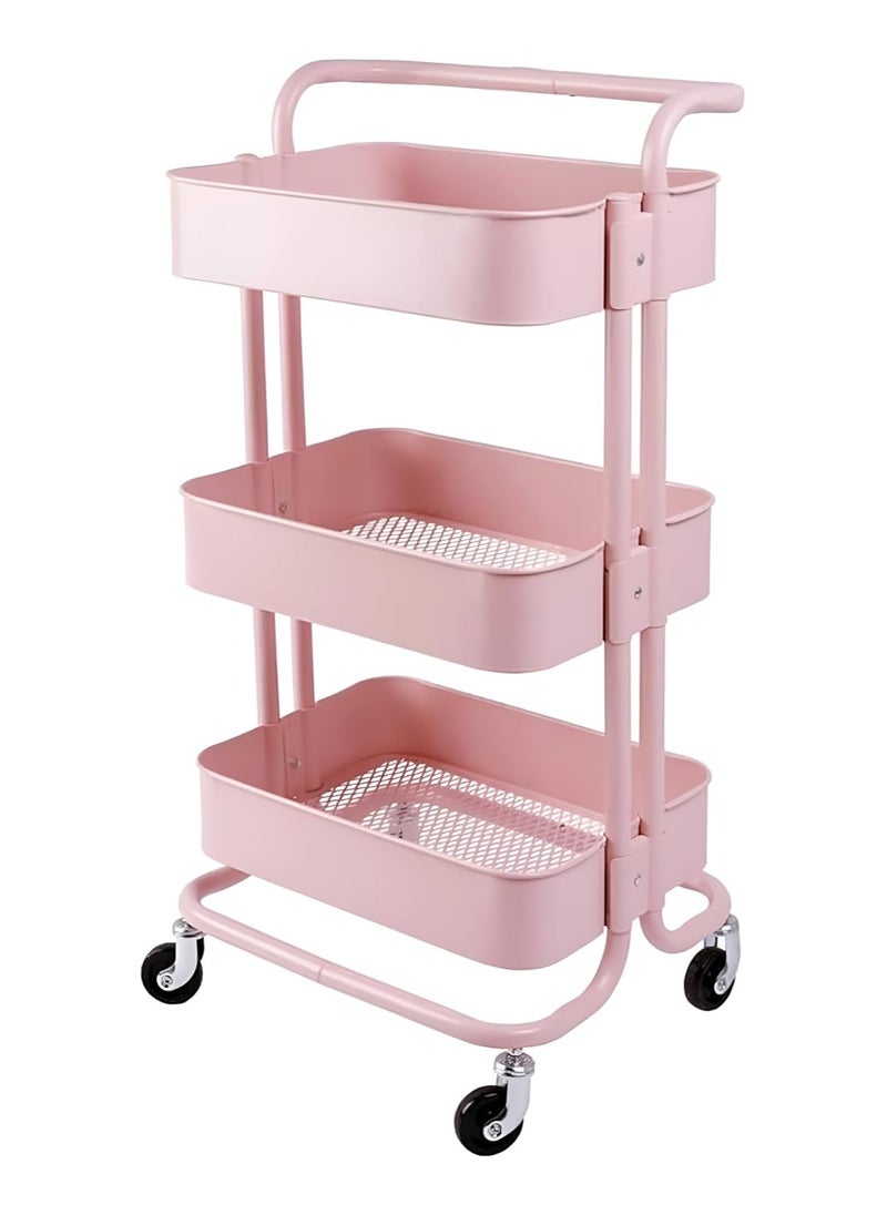 3-Tier Multipurpose Rolling Shelves Metal Cart Organizer Pink 85x45x35cm