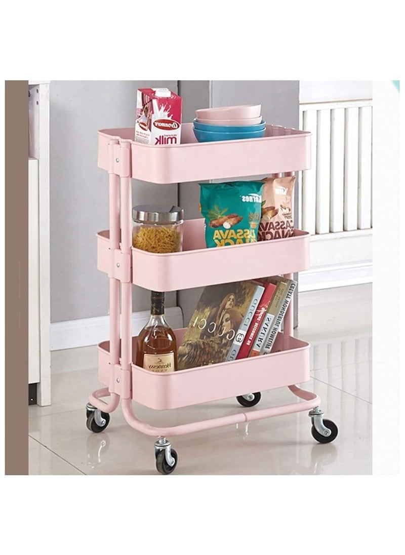 3-Tier Multipurpose Rolling Shelves Metal Cart Organizer Pink 85x45x35cm