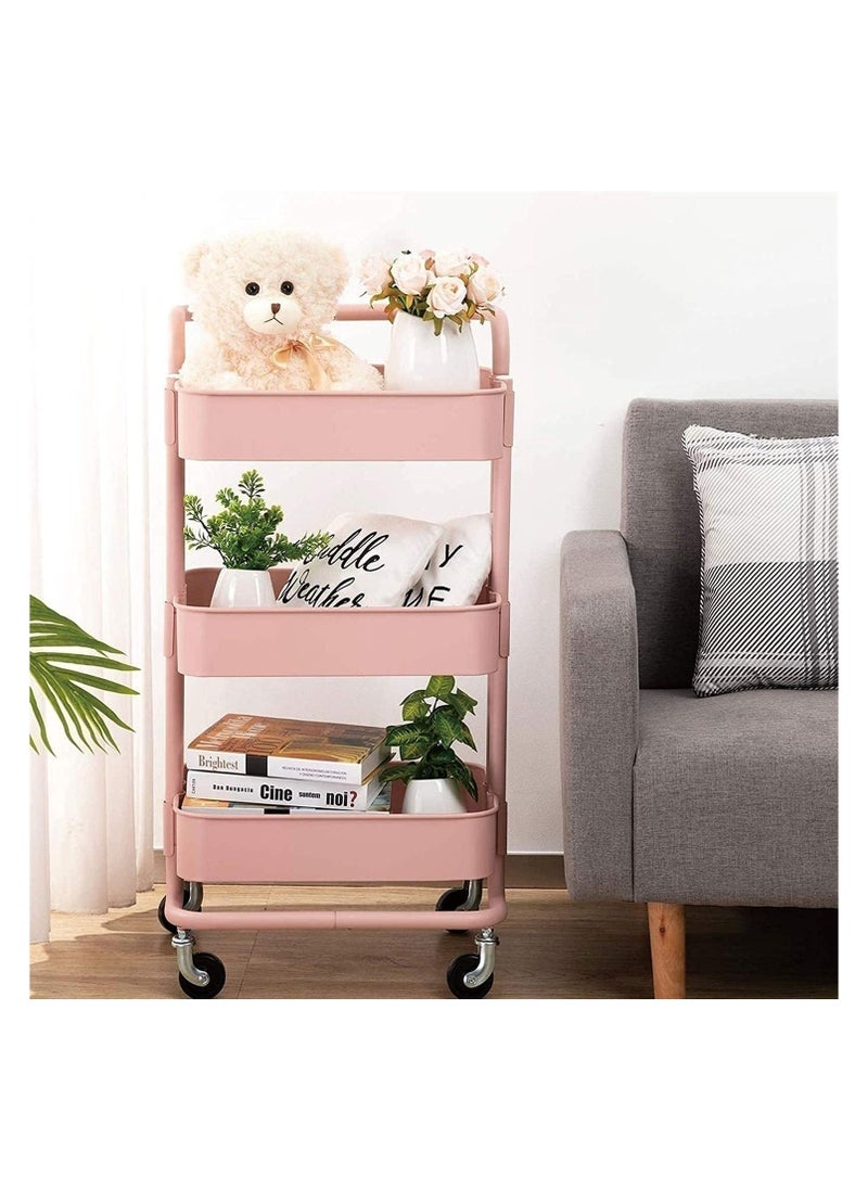 3-Tier Trolley Storage Cart With Wheels Pink