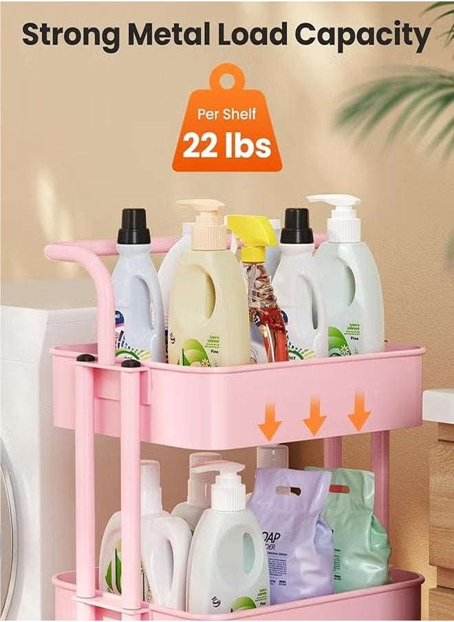 Three-layer multi-purpose rolling shelf metal trolley organizer, suitable for bedrooms, living rooms, kitchens, etc. Pink