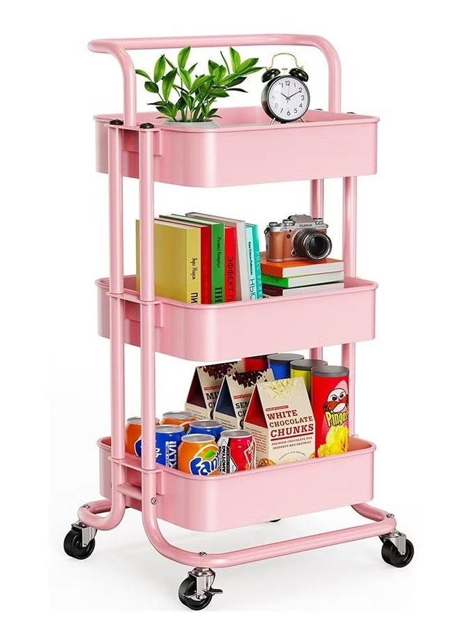 Three-layer multi-purpose rolling shelf metal trolley organizer, suitable for bedrooms, living rooms, kitchens, etc. Pink