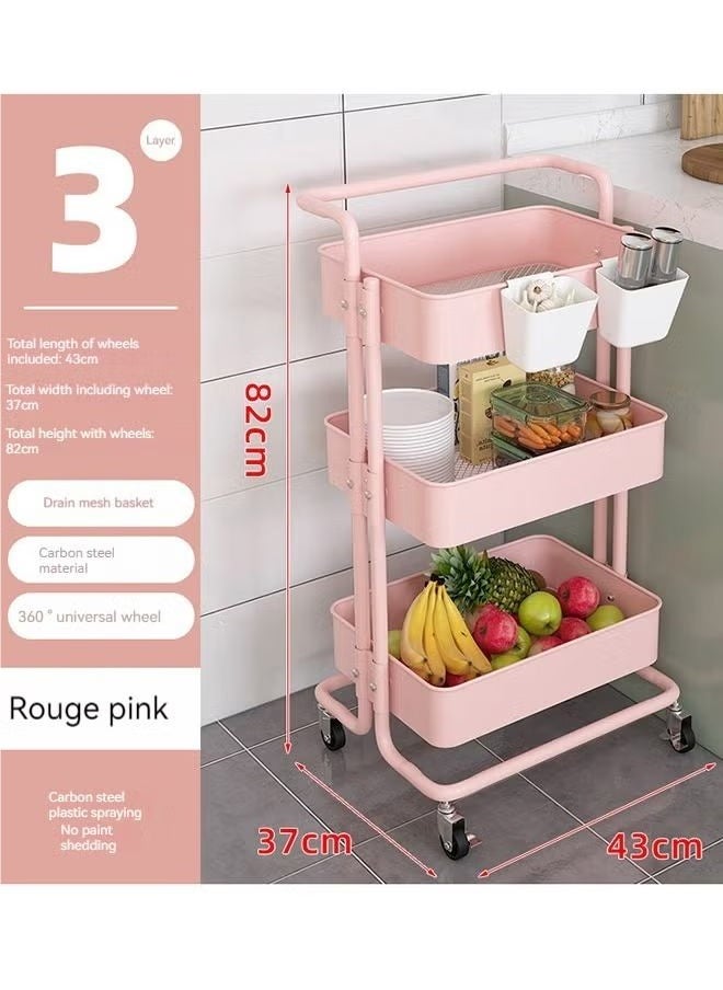 Three-layer multi-purpose rolling shelf metal trolley organizer, suitable for bedrooms, living rooms, kitchens, etc. Pink