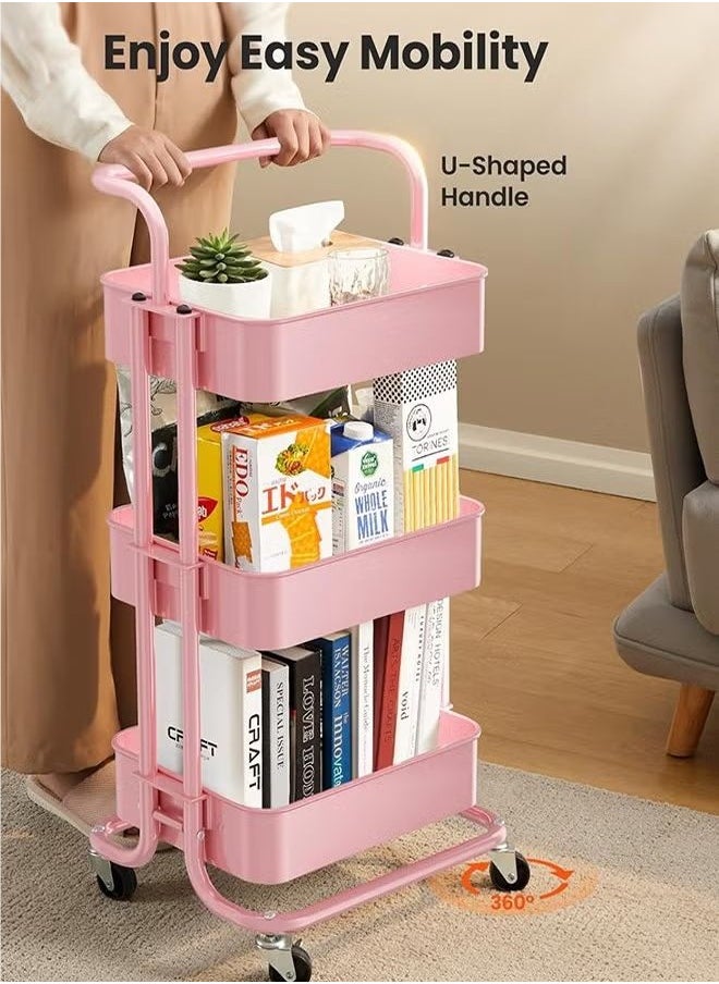 Three-layer multi-purpose rolling shelf metal trolley organizer, suitable for bedrooms, living rooms, kitchens, etc. Pink