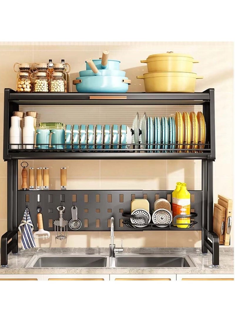 Space-Saving Dish Rack with Drainer Shelf and Cover Kitchen Counter Organizer Black