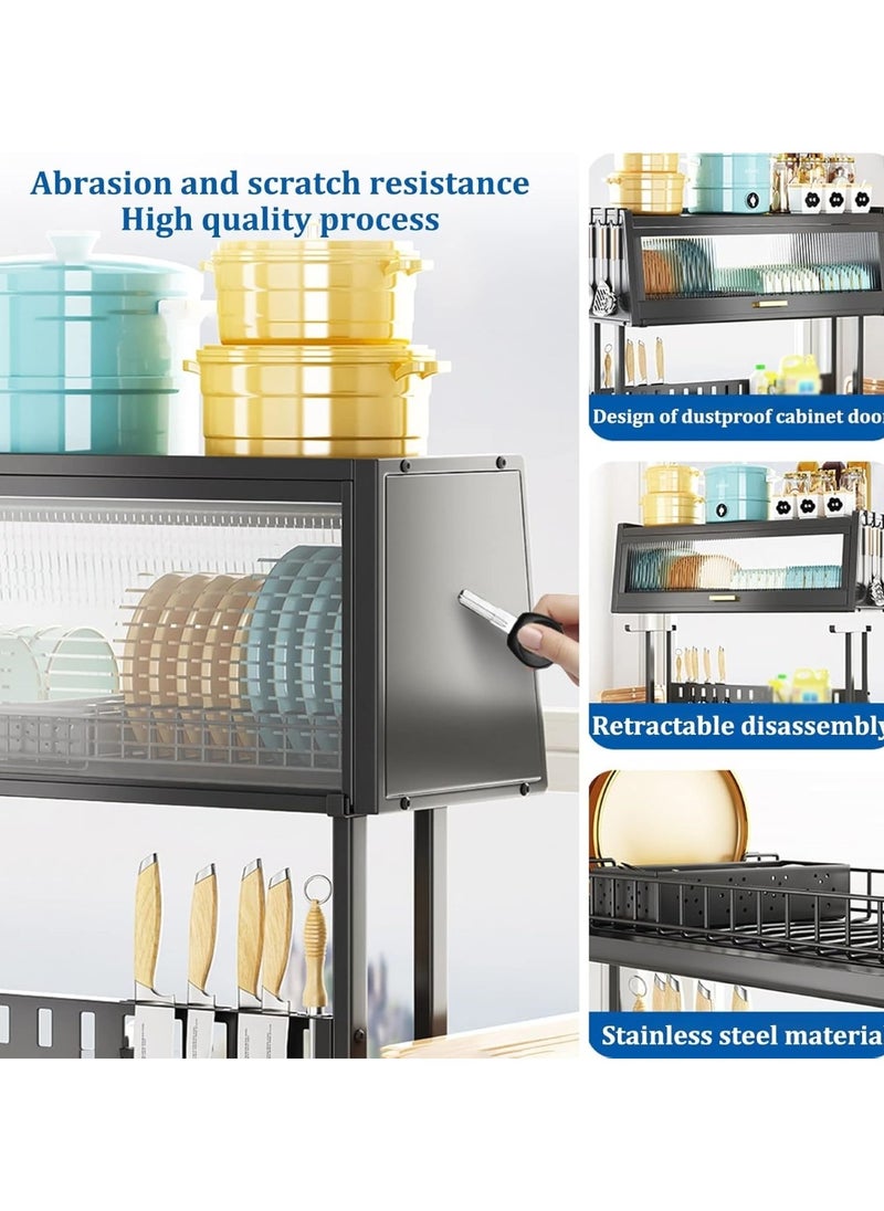 Space-Saving Dish Rack with Drainer Shelf and Cover Kitchen Counter Organizer Black