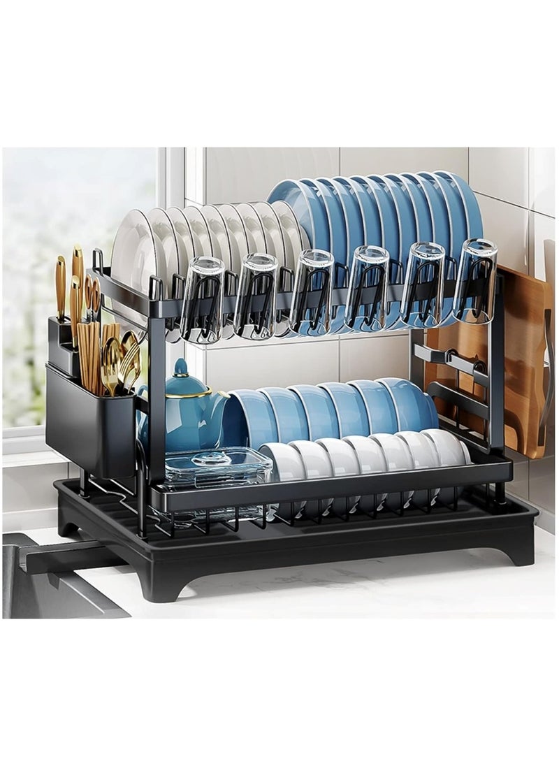 Countertop Dish Rack with Drainer and Cutlery Organizer for Kitchen Storage Black