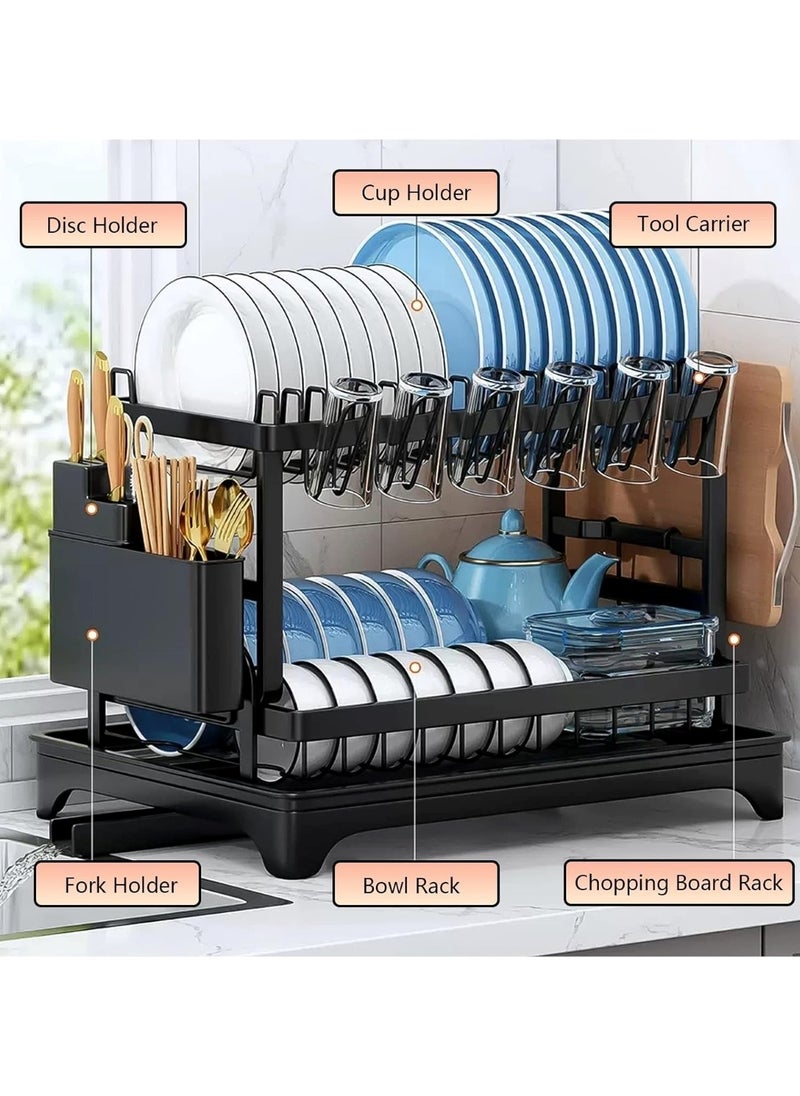 Countertop Dish Rack with Drainer and Cutlery Organizer for Kitchen Storage Black