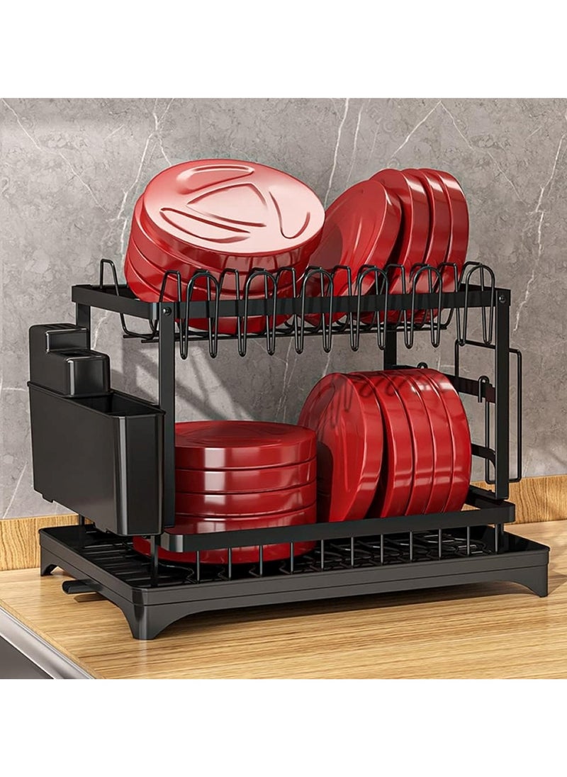 Countertop Dish Rack with Drainer and Cutlery Organizer for Kitchen Storage Black