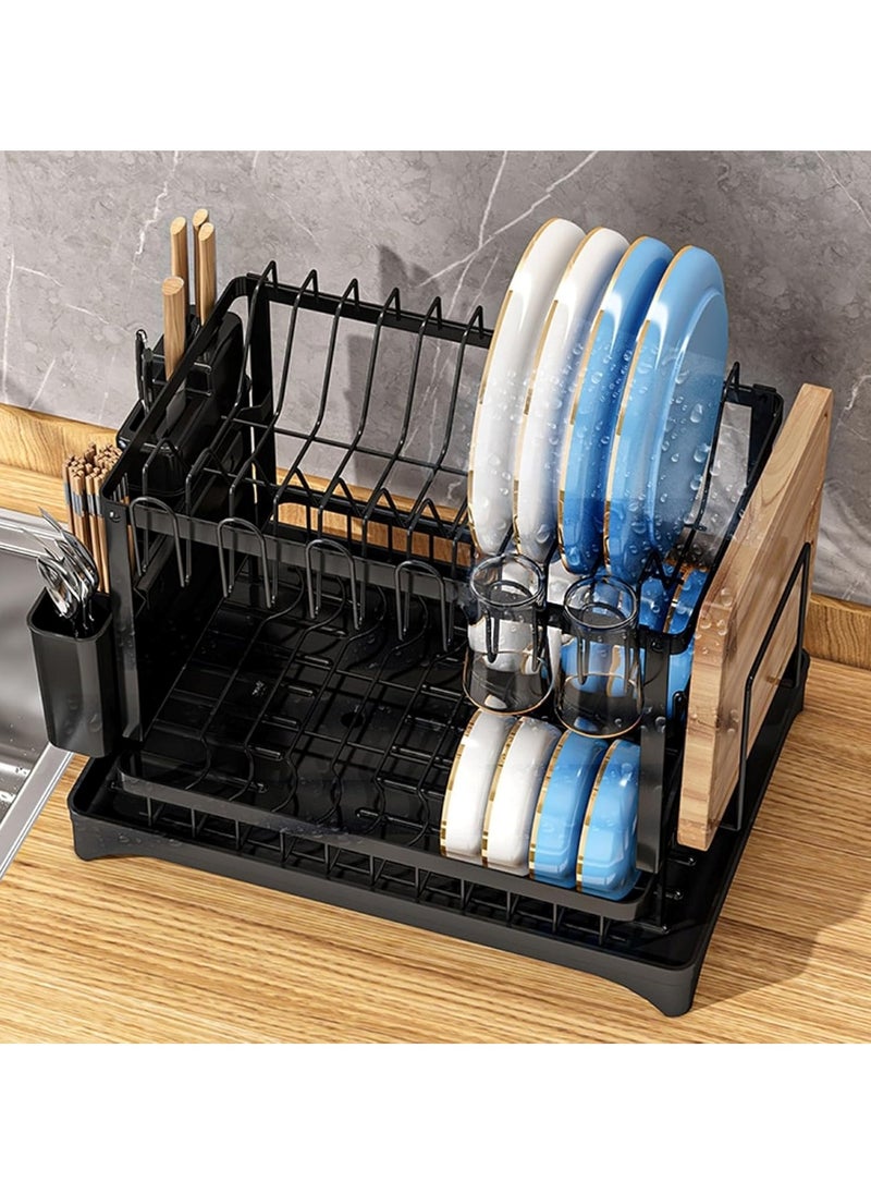 Countertop Dish Rack with Drainer and Cutlery Organizer for Kitchen Storage Black