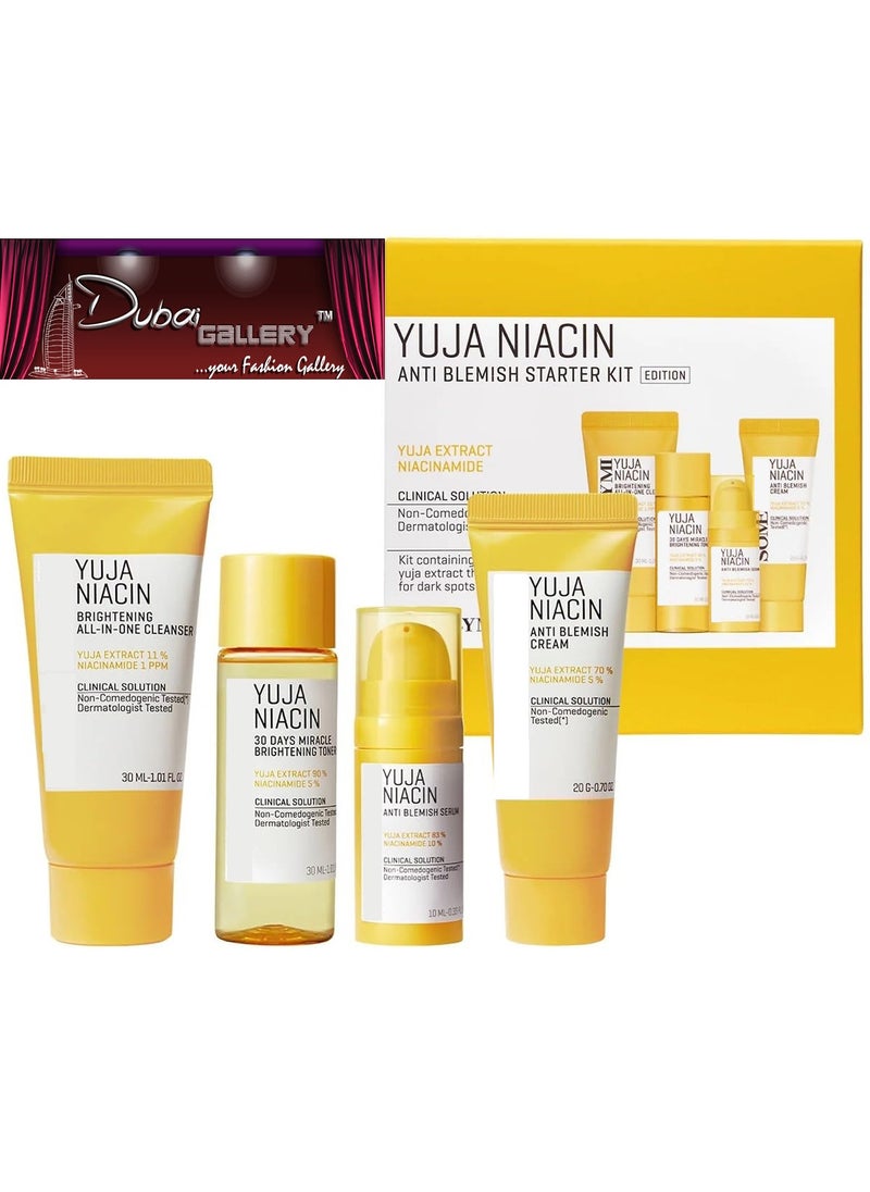 Yuja Niacin Anti-Blemish Starter Kit - Includes Toner 30ml + Serum 10ml + Gel Cream 30g + Sleeping Mask 20g - For Natural Brightning of Skin - Set of 4 Travel Kit