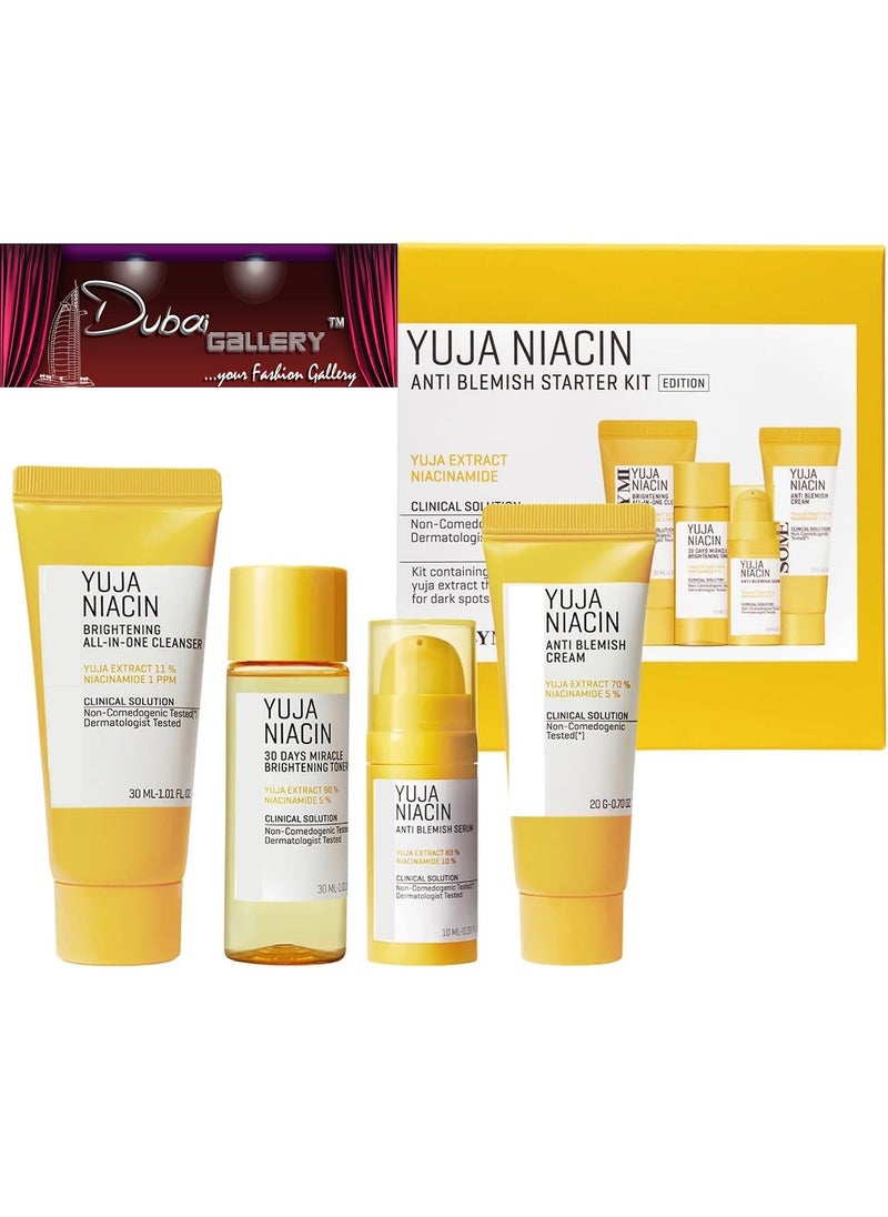 Yuja Niacin Anti-Blemish Starter Kit - Includes Toner 30ml + Serum 10ml + Gel Cream 30g + Sleeping Mask 20g - For Natural Brightning of Skin - Set of 4 Travel Kit