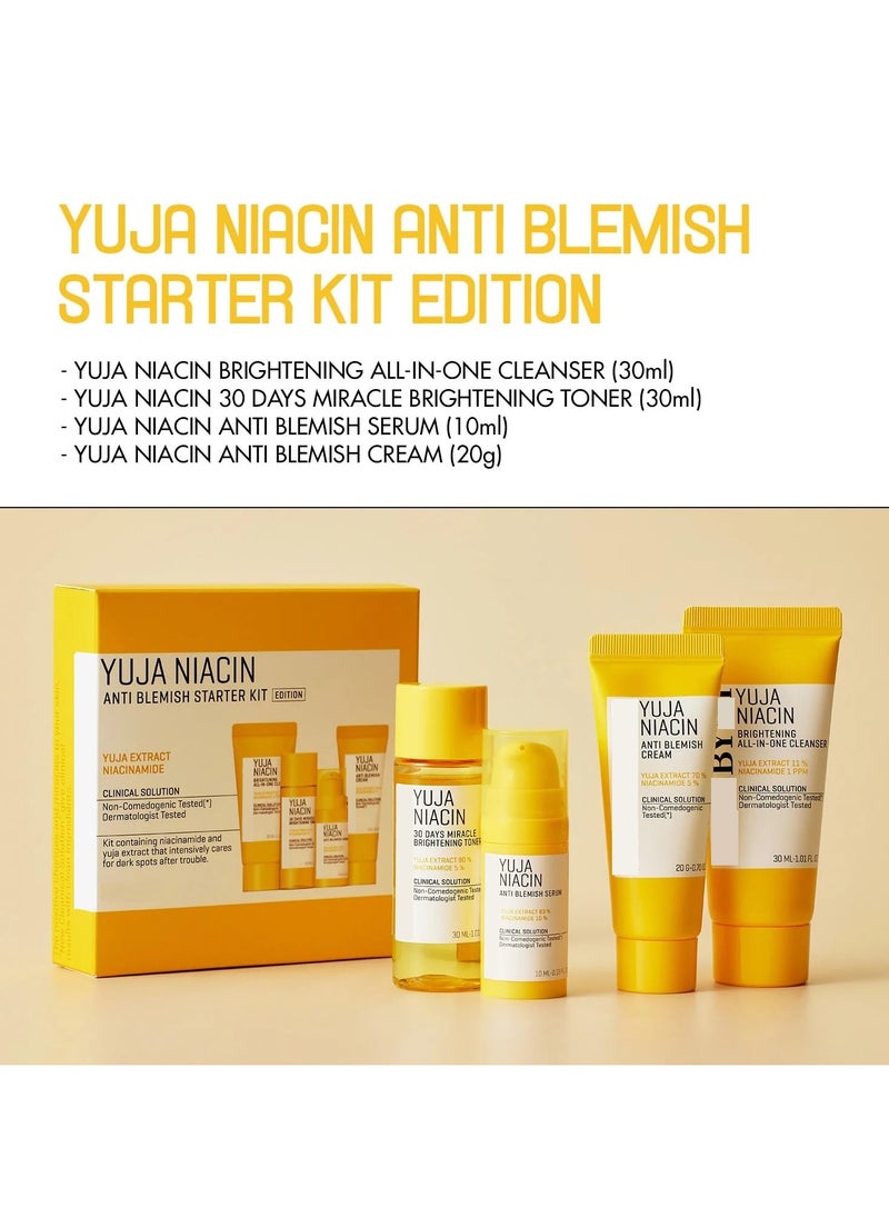 Yuja Niacin Anti-Blemish Starter Kit - Includes Toner 30Ml + Serum 10Ml + Gel Cream 30G + Sleeping Mask 20G - For Natural Brightning Of Skin - Set Of 4 Travel Kit 100ml