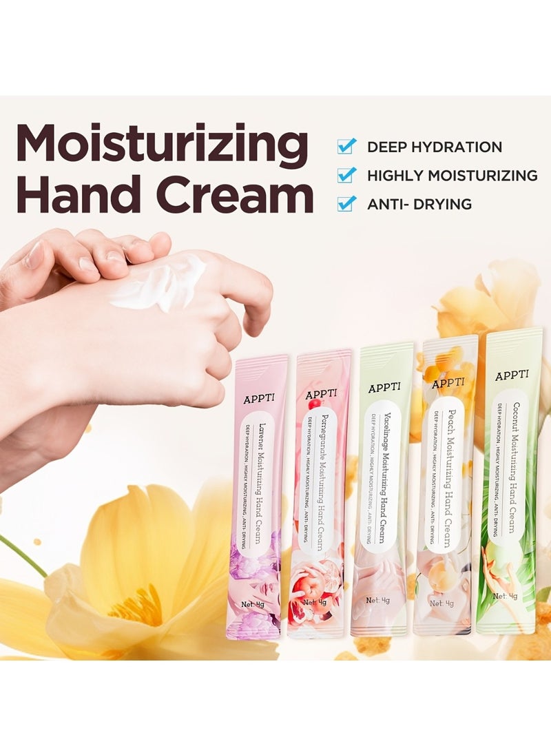 80Pcs Moisturizing Hand Cream Relieves and Repairs Hand Lotion Travel Size Hand Cream 5 Variety Fragrance Vacelinage Peach Lavender Pomegranate and Coconut Hand Cream Sachets