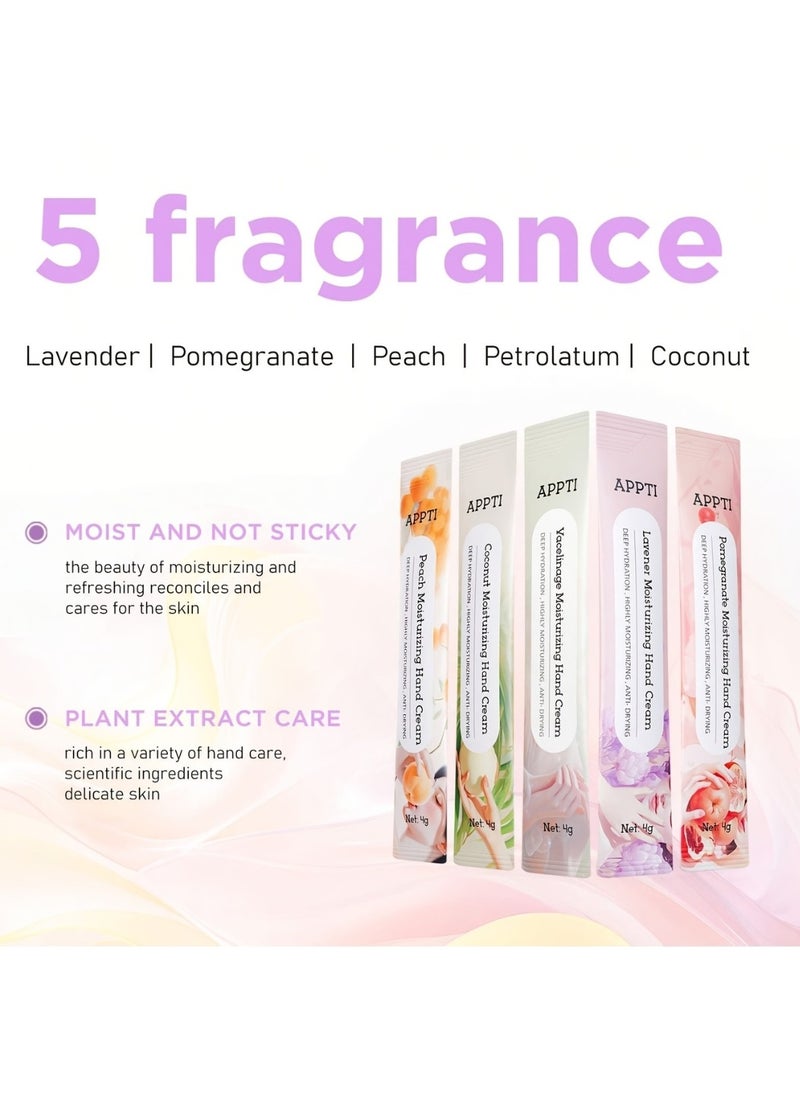 80Pcs Moisturizing Hand Cream Relieves and Repairs Hand Lotion Travel Size Hand Cream 5 Variety Fragrance Vacelinage Peach Lavender Pomegranate and Coconut Hand Cream Sachets