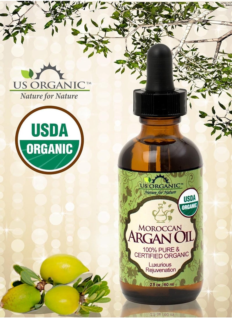 US Organic Moroccan Argan Oil, USDA Certified Organic,100% Pure & Natural, Cold Pressed Virgin, Unrefined, 2 Oz in Amber Glass Bottle, for Hair treatment, Skin, Nail, Cuticle, Sourced from Morocco.