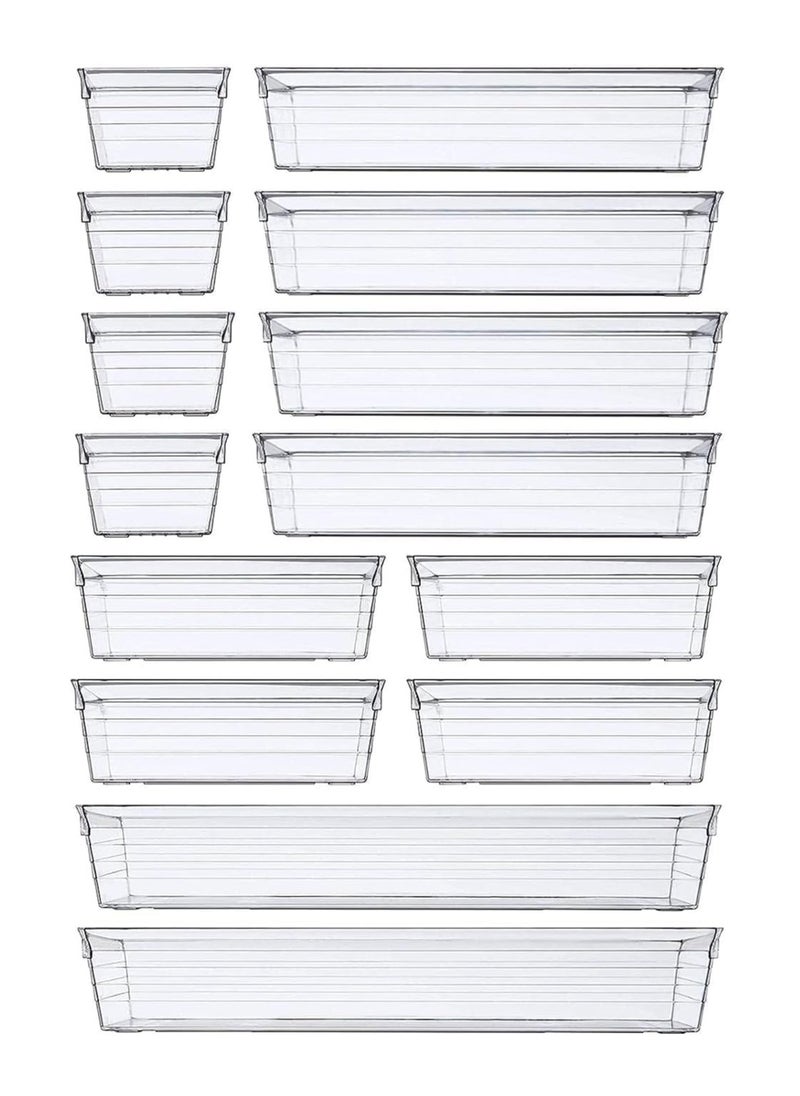 14 PCS Clear Plastic Drawer Organizer Tray 4 Sizes Desk Drawer Divider Organizers and Storage Bins for Makeup Kitchen Utensils Jewelries and Gadgets