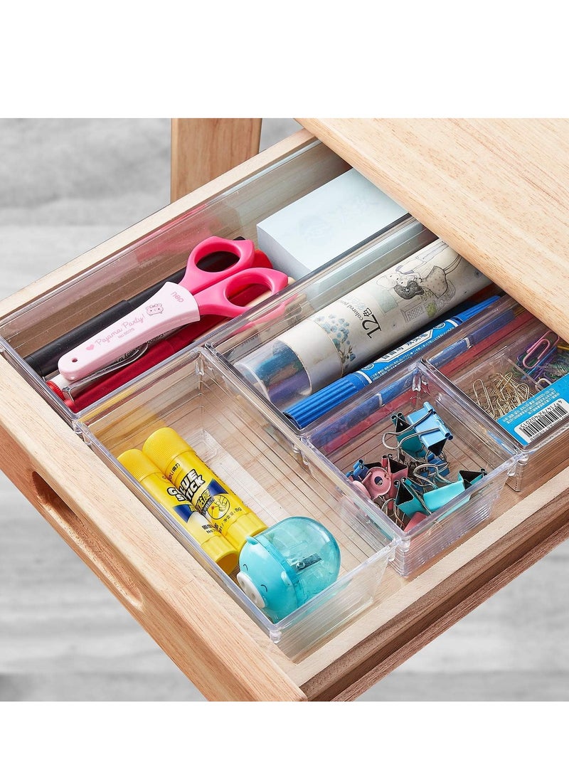 14 PCS Clear Plastic Drawer Organizer Tray 4 Sizes Desk Drawer Divider Organizers and Storage Bins for Makeup Kitchen Utensils Jewelries and Gadgets