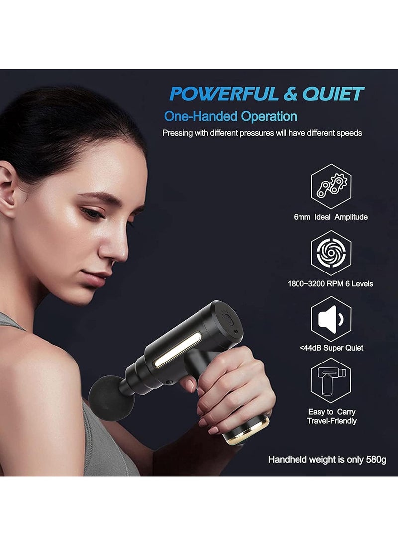 Massage Gun Deep Tissue, Portable 6 Speeds Percussion Muscle Massager with 4 Massage Heads 1800mAh Battery & Type-C Charging, 35dB Super Quiet Massage Gun for Muscle Pain Relief