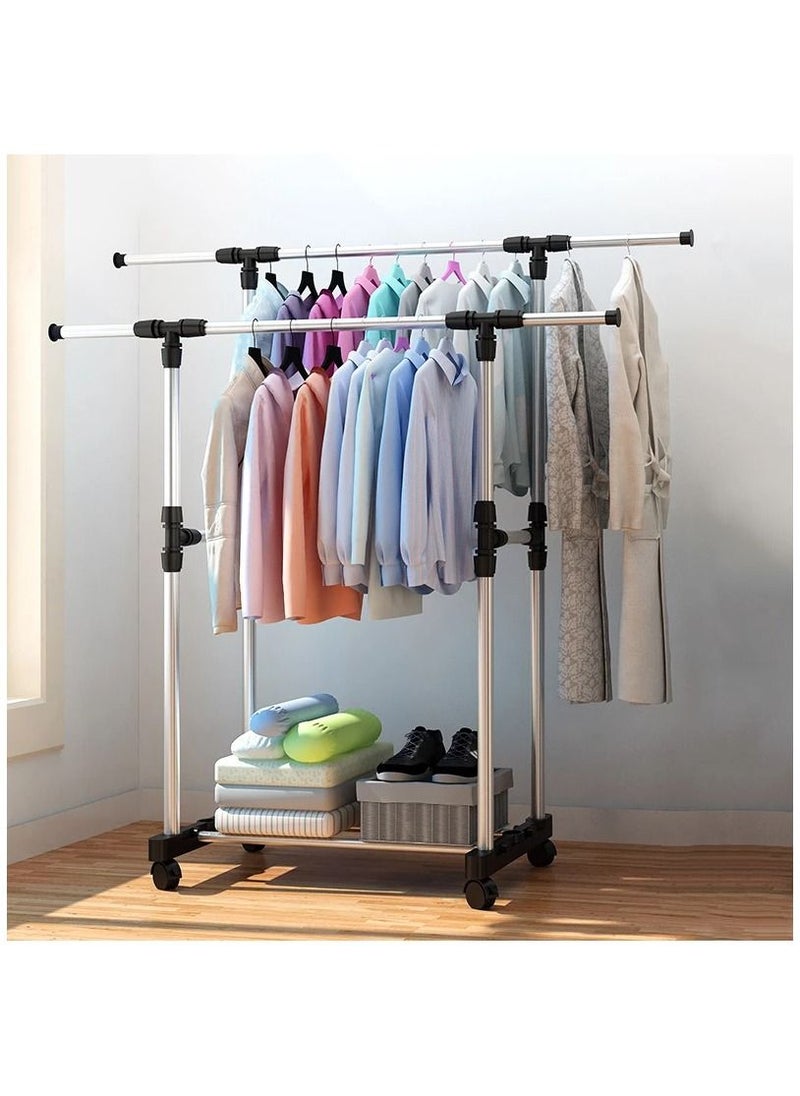 Double Pole Extendable Clothes Rack Hanger Silver