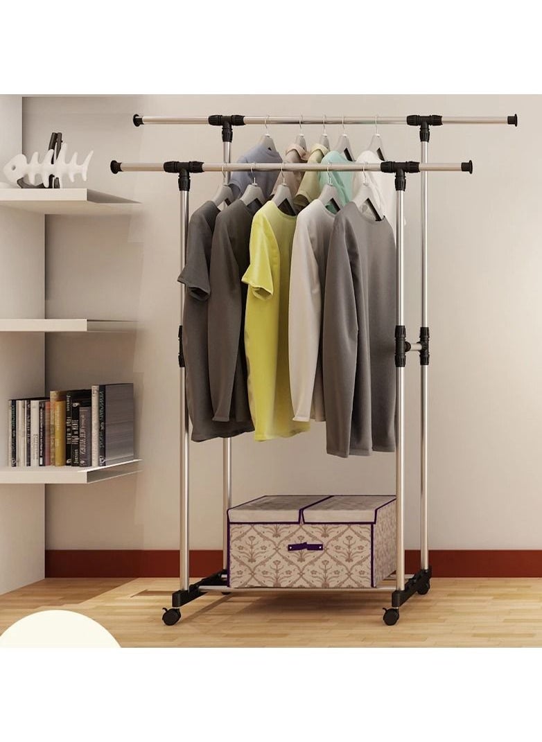 Heavy Duty Double Pole Adjustable Portable Clothes Rack Hanger Extendable Rolling Multicolour