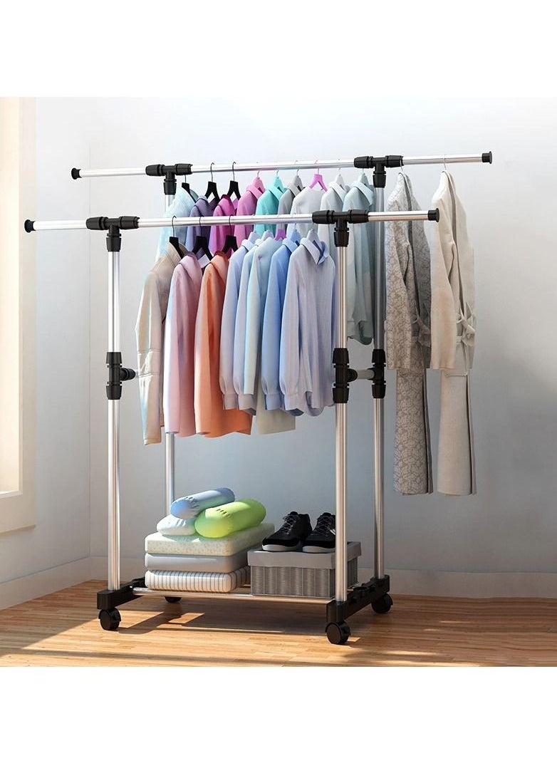 Heavy Duty Double Pole Adjustable Portable Clothes Rack Hanger Extendable Rolling Multicolour