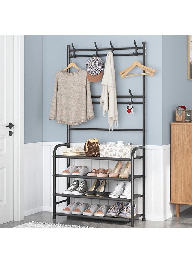 Shoes Rack Clothing Garment Multifunctional Professional Shelf Organizer 4-Tier Freestanding Hanger With Hooks And Bottom Shelves For Bedroom Doorway Bathroom