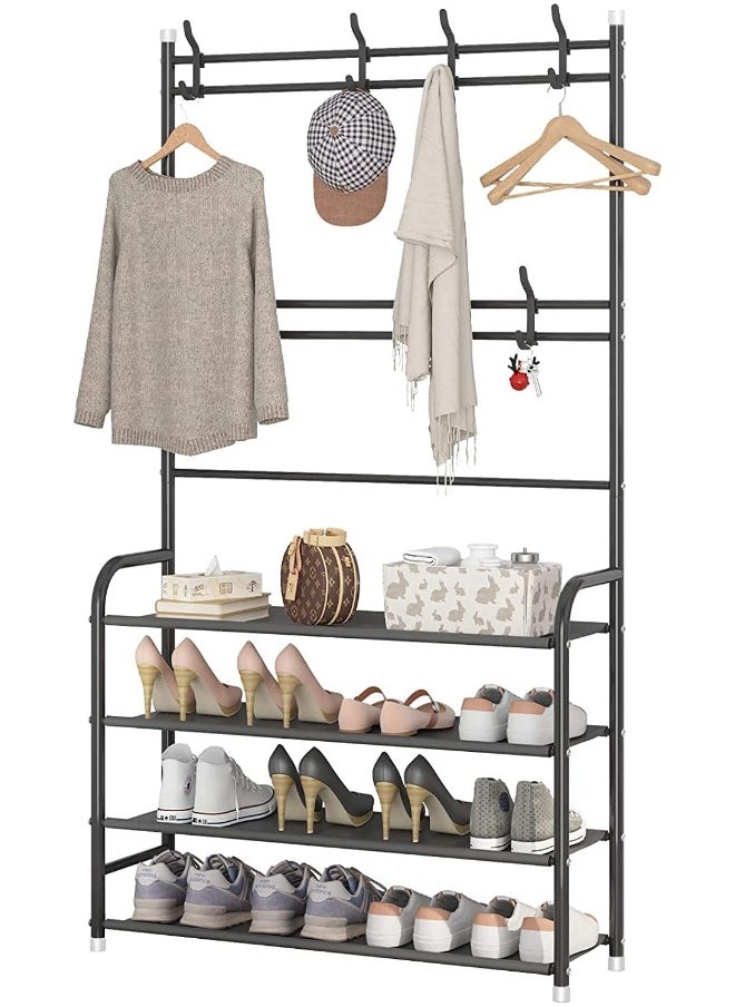 Shoes Rack Clothing Garment Multifunctional Professional Shelf Organizer 4-Tier Freestanding Hanger With Hooks And Bottom Shelves For Bedroom Doorway Bathroom