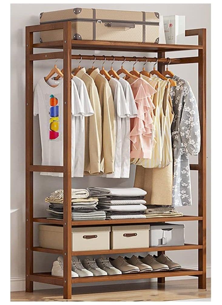 Clothes Rail Rack Heavy Duty Clothes Rack,Garment Rack with Hanging Rod and 4 Storage Shelves for Coats Bags Shoes Boots, Minimalism Coat Rack,Bamboo