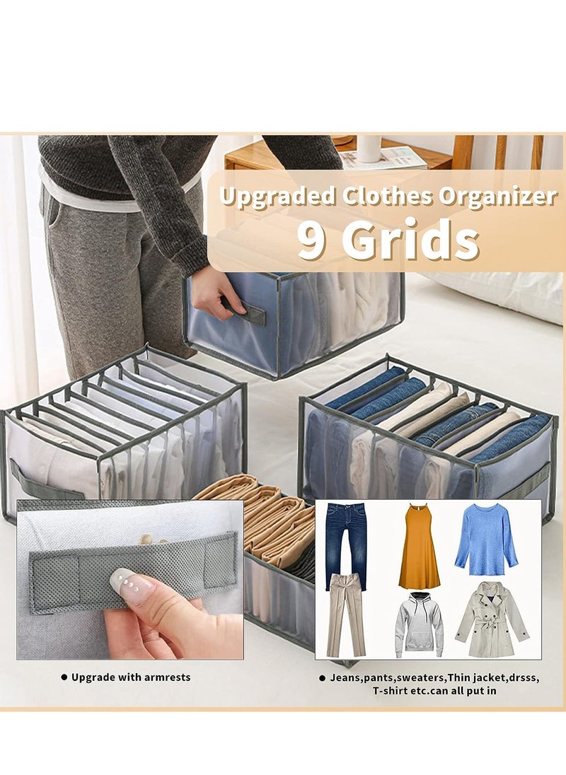 Wardrobe Clothes Organizer, 2 Pack 9 Grids Foldable & Washable Jeans Compartment Storage Closet Cabinet Organizer,Underwear Mesh Storage Boxes With Side Handles(9 Grids Grey-2pcs)