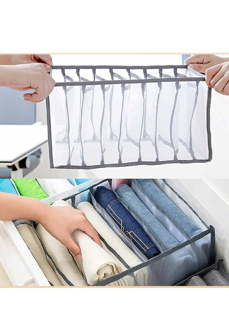 Wardrobe Clothes Organizer, 2 Pack 9 Grids Foldable & Washable Jeans Compartment Storage Closet Cabinet Organizer,Underwear Mesh Storage Boxes With Side Handles(9 Grids Grey-2pcs)