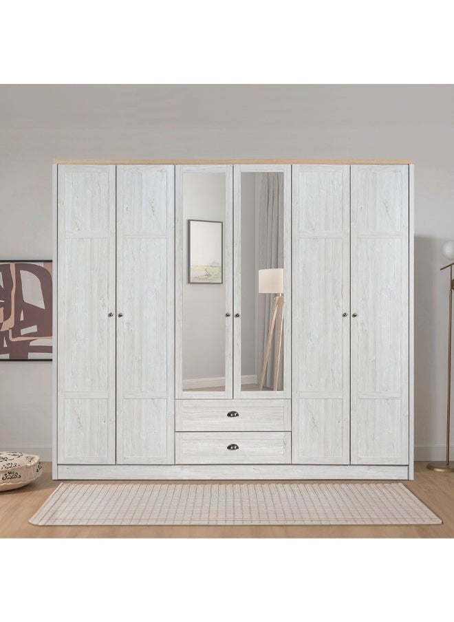 Cambridge 6-Door Wardrobe With 2 Drawers And Mirror Spacious Bedroom Storage Stylish Wardrobe With Drawers Full-Length Mirror Durable And Elegant Home Décor - Oak And White Oak