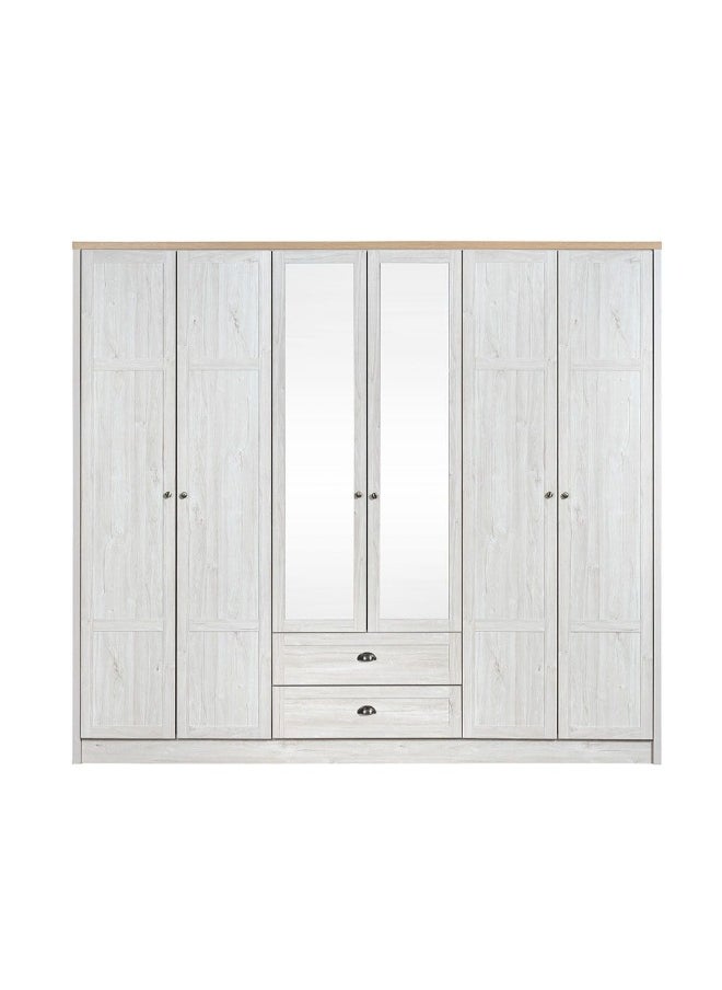 Cambridge 6-Door Wardrobe With 2 Drawers And Mirror Spacious Bedroom Storage Stylish Wardrobe With Drawers Full-Length Mirror Durable And Elegant Home Décor - Oak And White Oak