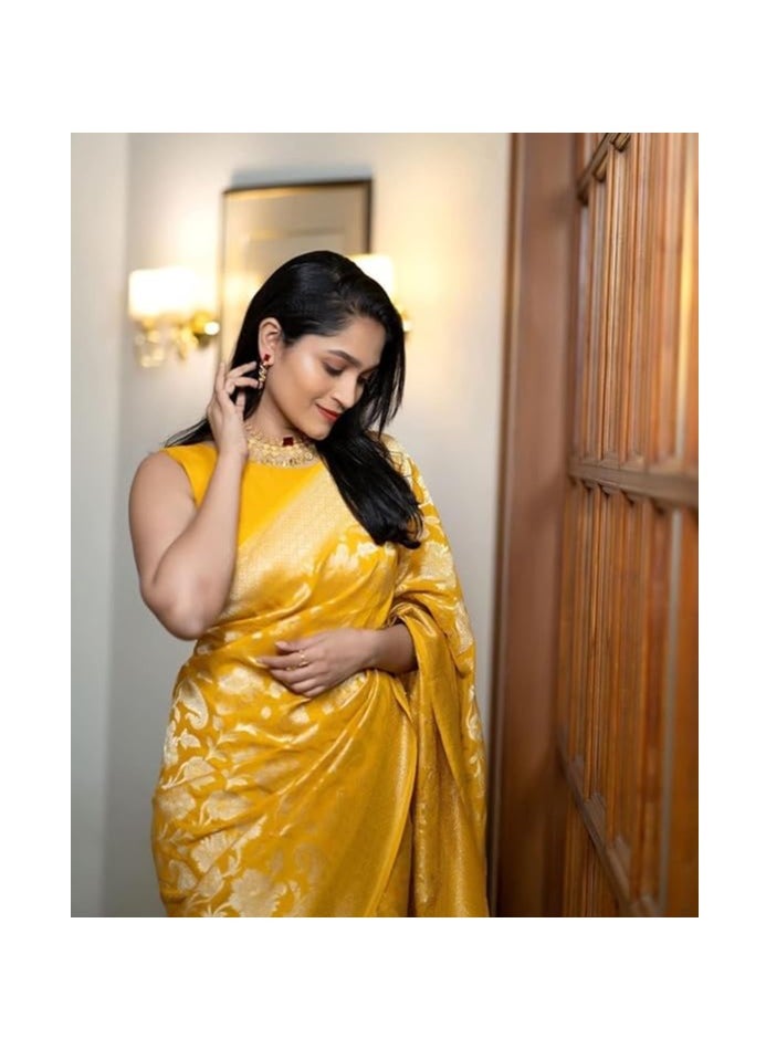 Women's Banarasi Soft Lichi Silk Saree with Beautiful Jacquard Rich Pallu Design, Zari Woven in Kanjivaram Silk Style, and a Soft Lichi Silk Blouse Piece.