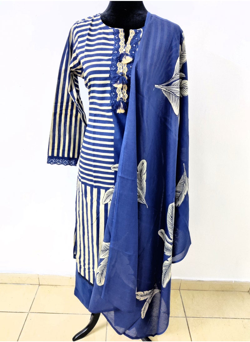 Dark Blue, Digital Printed Pure Cotton Staight Kurta, Dupatta and straight pants