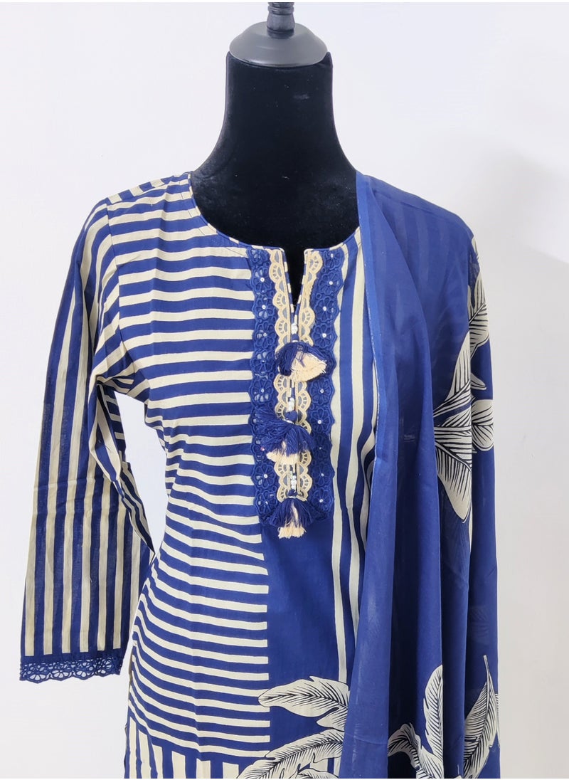 Dark Blue, Digital Printed Pure Cotton Staight Kurta, Dupatta and straight pants