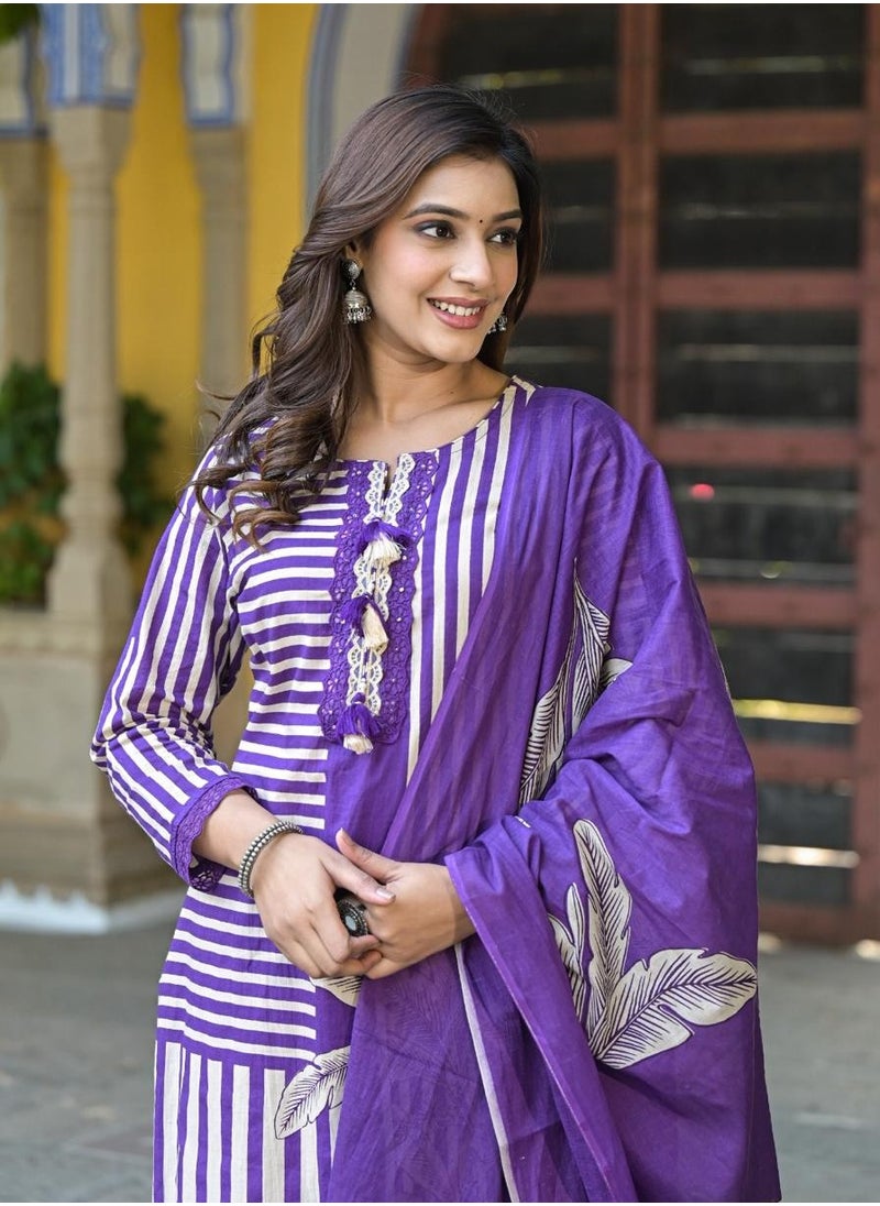 Purple Pure Cotton Kurta  Pants Dupatta Set with Digitally Printed Floral Designs.