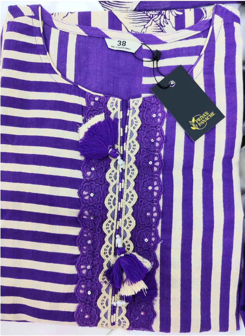 Purple Pure Cotton Kurta  Pants Dupatta Set with Digitally Printed Floral Designs.