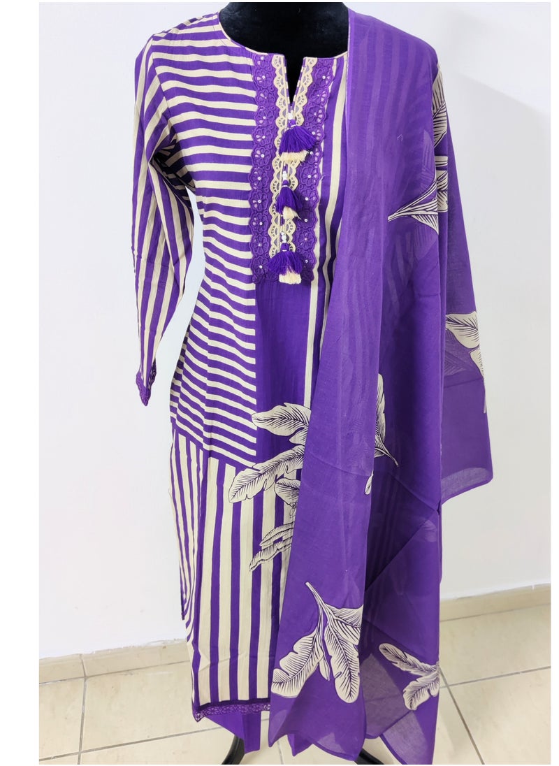 Purple Pure Cotton Kurta  Pants Dupatta Set with Digitally Printed Floral Designs.