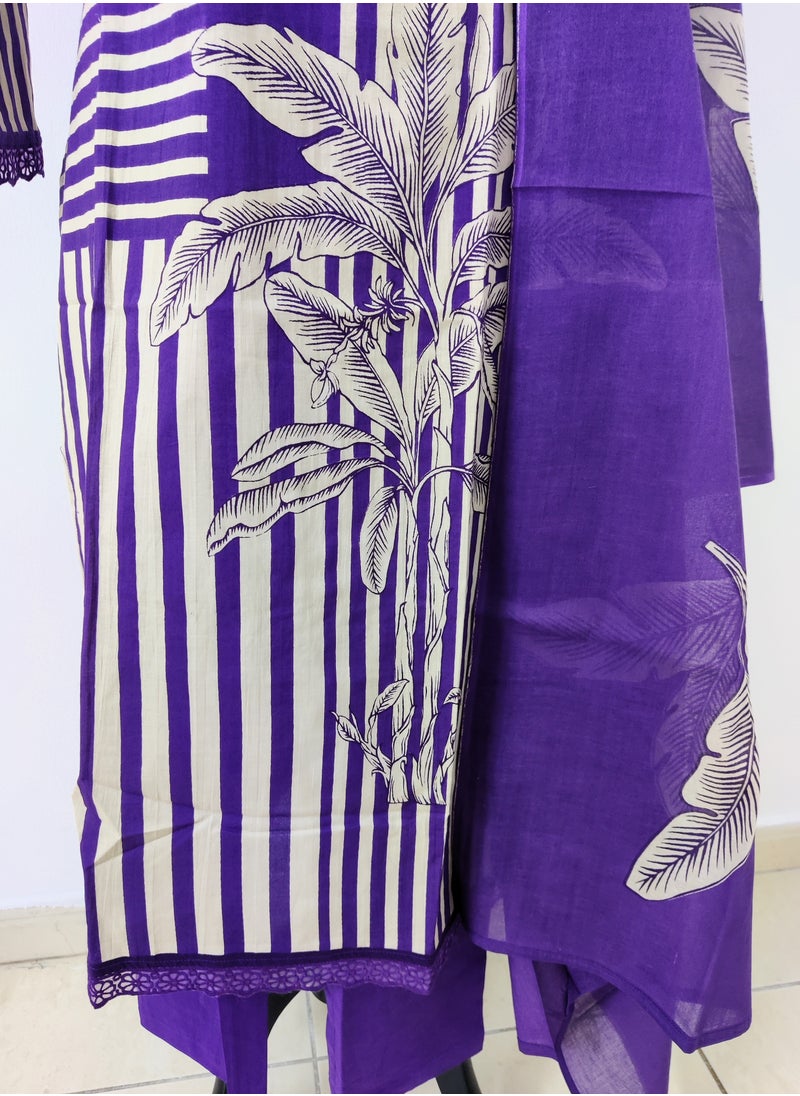 Purple Pure Cotton Kurta  Pants Dupatta Set with Digitally Printed Floral Designs.