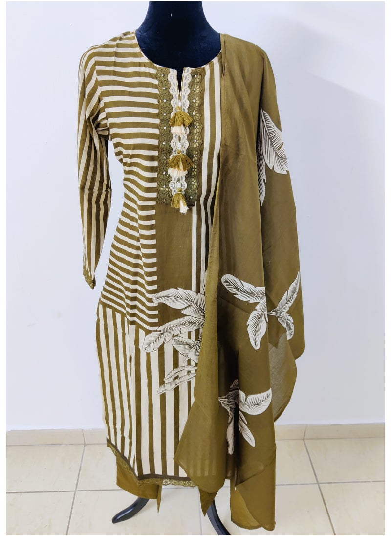 Pure Cotton Kurta  Pants Dupatta Set with Digitally Printed Floral Designs.