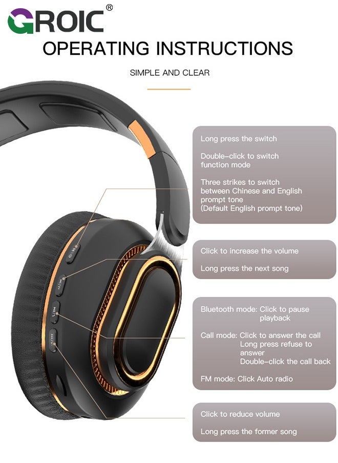 Portable Wireless Headphones, Foldable Lightweight Over-Ear Headphones, Ergonomically Designed Bluetooth Headphones, Soft and Comfortable for Office, School, Travel, Sports