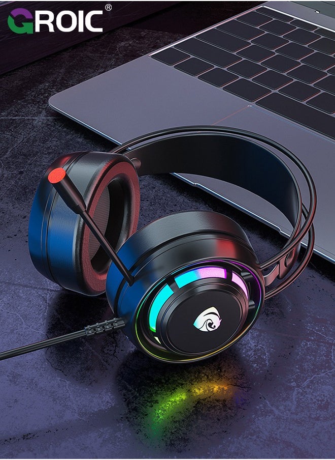 PC Headset with Dynamic Sensory & Noise-Cancelling Mic, 7.1 Surround Sounds, Mute Controls, LED Light, RGB Light for WFH PC, Laptop, Mac