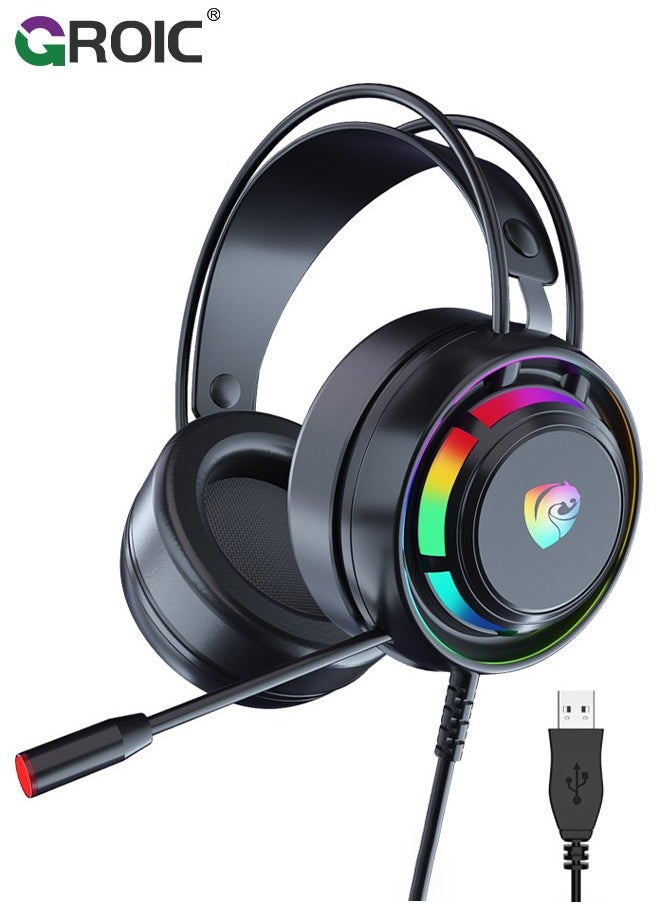 PC Headset with Dynamic Sensory & Noise-Cancelling Mic, 7.1 Surround Sounds, Mute Controls, LED Light, RGB Light for WFH PC, Laptop, Mac