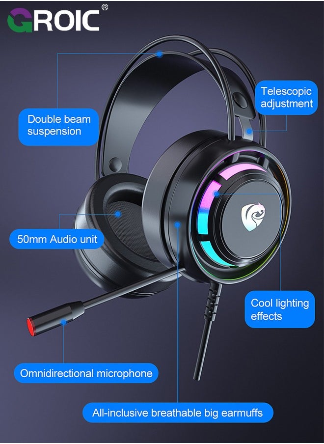 PC Headset with Dynamic Sensory & Noise-Cancelling Mic, 7.1 Surround Sounds, Mute Controls, LED Light, RGB Light for WFH PC, Laptop, Mac