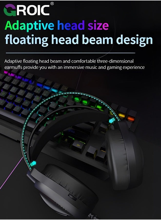 Black Gaming Over Ear Headphone, Suspension Headband, 50Mm Neodymium Drivers, Padded Headband, Lightweight & Comfortable, RGB Lights, Flexible Mic