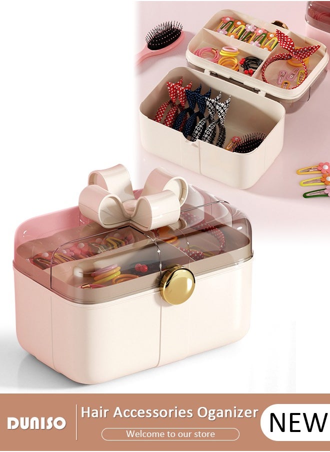 2 Layers Hair Accessories Storage Box with Lid, Hairband Hair Clip Jewelry Organizer, Lockable Desktop Storage Box, Portable Medicine Storage Box, Multipurpose Organizer Case for Hair Clips, Makeup, Sewing Art