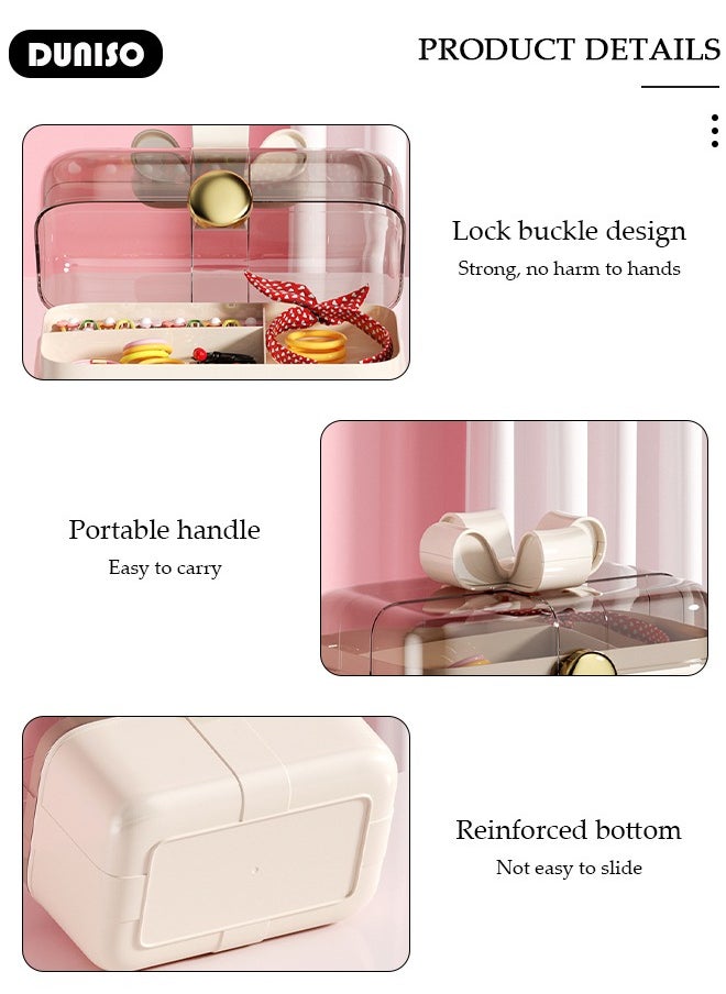 2 Layers Hair Accessories Storage Box with Lid, Hairband Hair Clip Jewelry Organizer, Lockable Desktop Storage Box, Portable Medicine Storage Box, Multipurpose Organizer Case for Hair Clips, Makeup, Sewing Art