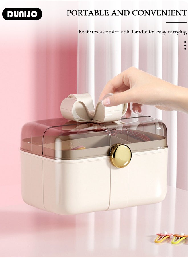 2 Layers Hair Accessories Storage Box with Lid, Hairband Hair Clip Jewelry Organizer, Lockable Desktop Storage Box, Portable Medicine Storage Box, Multipurpose Organizer Case for Hair Clips, Makeup, Sewing Art